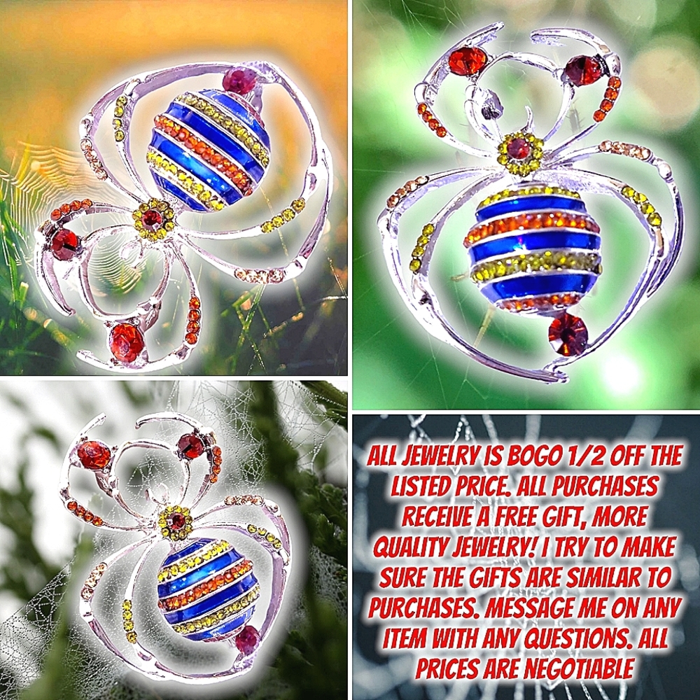 Silver plated Orange green blue crystal spider brooch